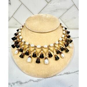 Vintage Vendôme Pearl & Crystal Bib Necklace with Floral Clasp 1950s Couture